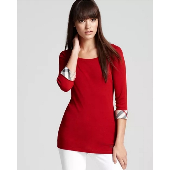 🆕️ Burberry Brit Three Quarter Cuffed Check Sleeve Tee Size Small Red - Picture 1 of 12